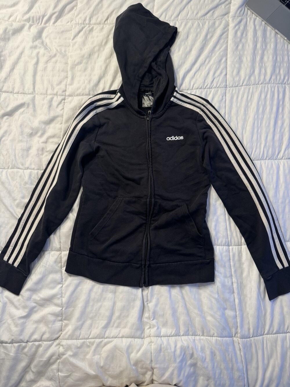 Adidas Essentials 3-Stripes Full Zip Hoodie Black White Women's Small Logo